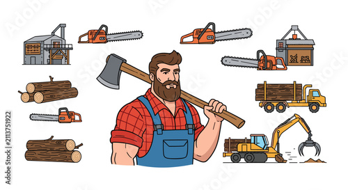 Forestry and logging industry concept showing a muscular lumberjack with an axe, chainsaws, logs, and timber trucks.