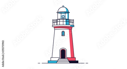 Nautical classic lighthouse structure with a lantern room and balcony, isolated on a white background.
