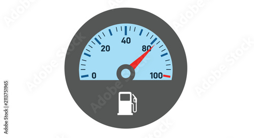 Car fuel gauge icon indicating a near full tank of gas with the needle pointing towards eighty percent.