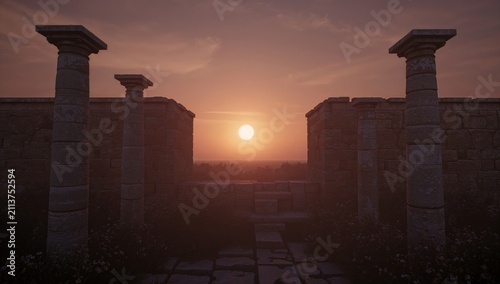 Sunset Over Ancient Ruins With Columns and a Clear Sky in a Distant Landscape