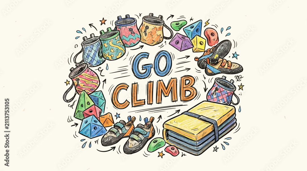 Fototapeta premium An illustration features the words GO CLIMB surrounded by climbing gear including chalk bags shoes and mats