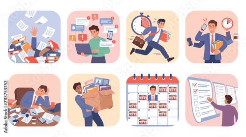Collection of illustrations showing modern work stress and pressure, including overwhelming tasks, tight deadlines, digital overload, and burnout in the workplace.