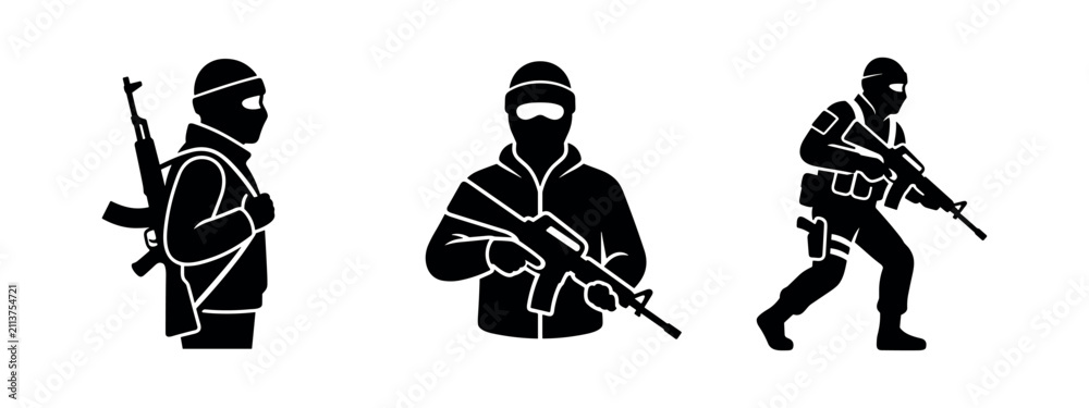 Obraz premium Masked Militant with Assault Rifle Icons