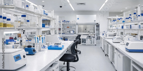 Clean scientific laboratory interior featuring specialized research equipment and analytical workstations laboratory research chemistry equipment facility experiment pharmaceutical