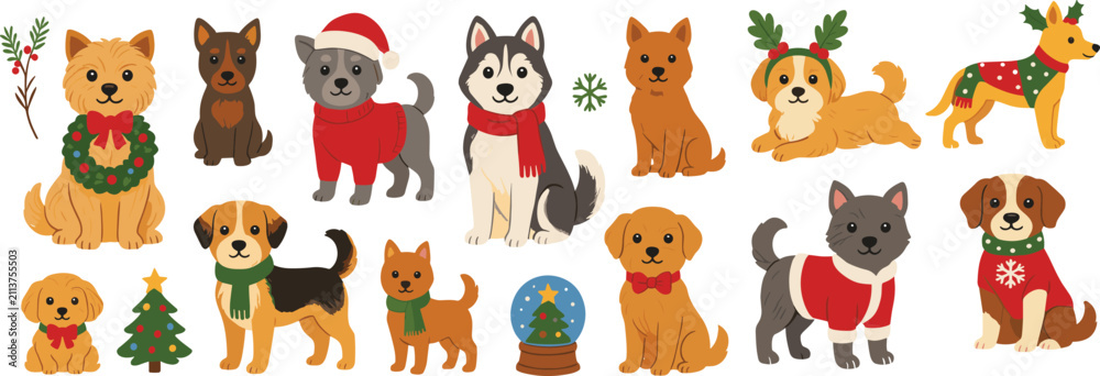 Obraz premium Cute Christmas Pet Character Collection with Dogs Cats Husky Reindeer and Festive Winter Holiday Cartoon Vector Set