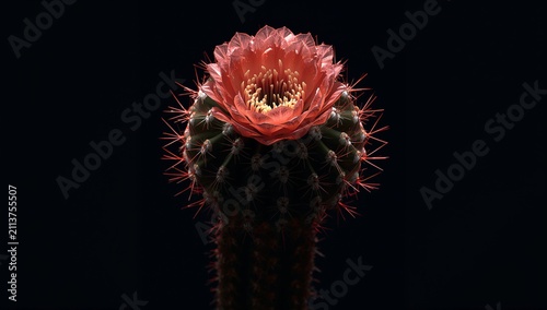 Cactus With Bright Red Flower Under Dark Background in a Close-Up View