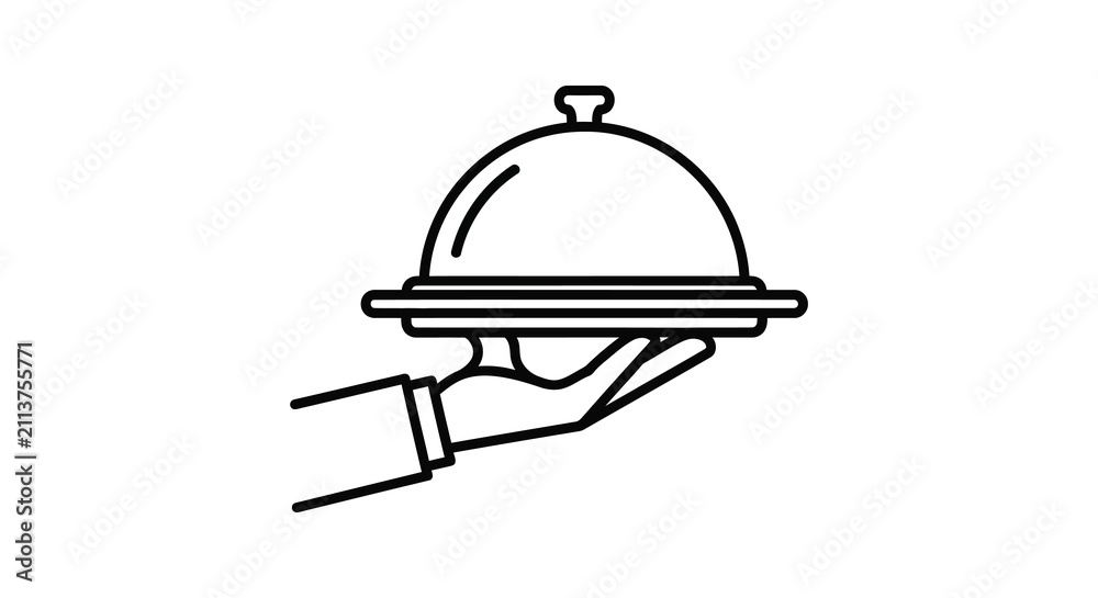 Fototapeta premium Hand presenting covered dish black line icon on white background