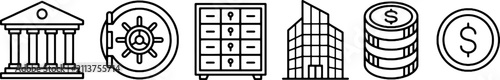 Set of banking and financial icons featuring bank building safe deposit box skyscraper coins and currency symbols
