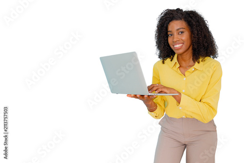 Black professional woman smiling  holding and typing on laptop  presenting new ideas  transparent background