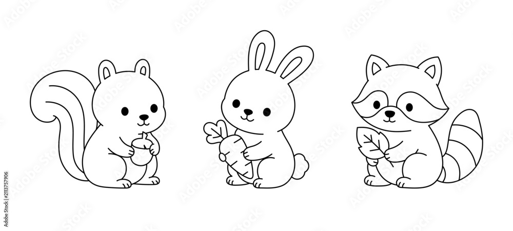 Obraz premium Cute Forest Animal Collection with Squirrel, Rabbit and Raccoon, Kawaii Black and White Outline Vector Illustration for Coloring Book