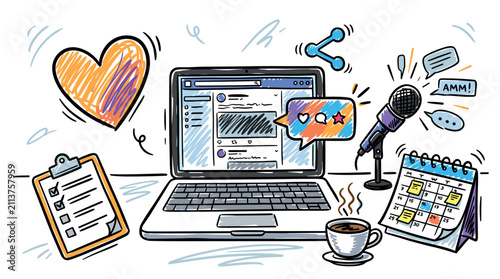 Social media and productivity UI elements with laptop, calendar and microphone for web application design in colorful illustration style