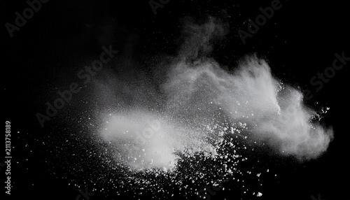 abstract white dust explosion on black background grainy powder particles cloud cinematic spray texture for creative design overlays