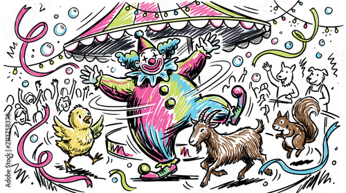 Circus and carnival concept icons with clown, goat and chick for print design in lively colorful doodle style