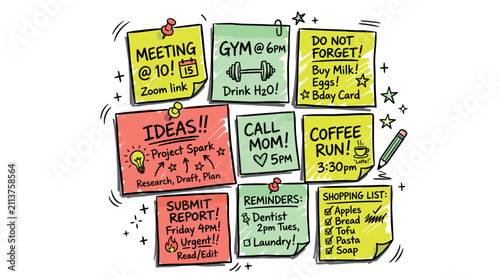 Planning and organization UI elements with sticky notes, pencil and checklist for productivity dashboard in colorful doodle style
