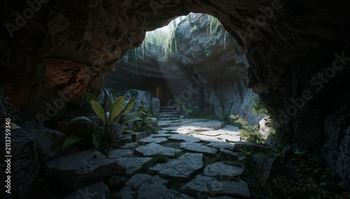 Light Shining Through the Cave Opening on Rocky Path With Plants