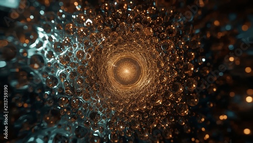 Abstract tunnel of golden light and dark textured particles.