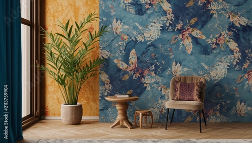 Interior Design With Floral Wall and Furniture in a Living Room