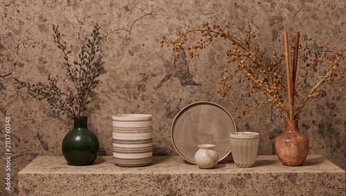 Vases and Objects Displayed on a Textured Surface in a Room