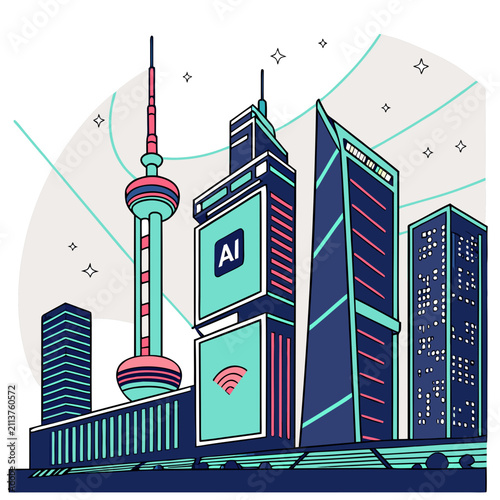 Photography Modern shanghai city skyline with oriental pearl tower and skyscrapers in a flat