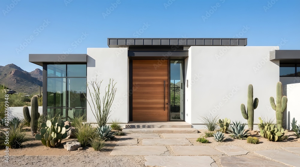 Fototapeta premium Modern luxury desert home exterior with large wooden front door and cactus landscaping under a clear blue sky