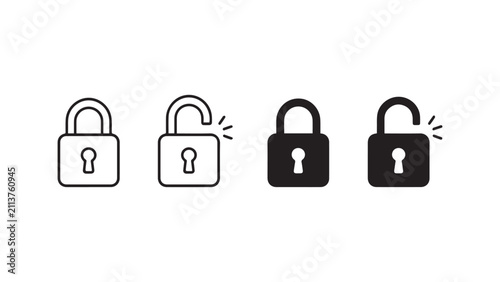 Lock and unlock icon set, vector padlock line and glyph illustration for security, privacy, and access control isolated on white background.