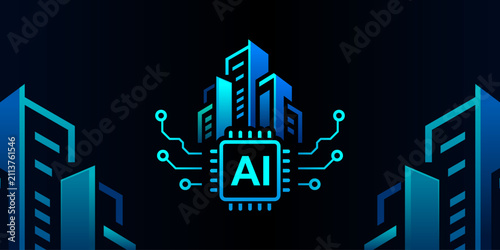 AI Powered Smart City Technology with Artificial Intelligence Processor and Modern Buildings Vector Illustration