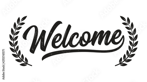 Quadro su tela Welcome text is written in a bold, elegant cursive script font flanked by two symmetrical laurel leaf branches, creating a classic and inviting sign design suitable for entrance or lobby displays