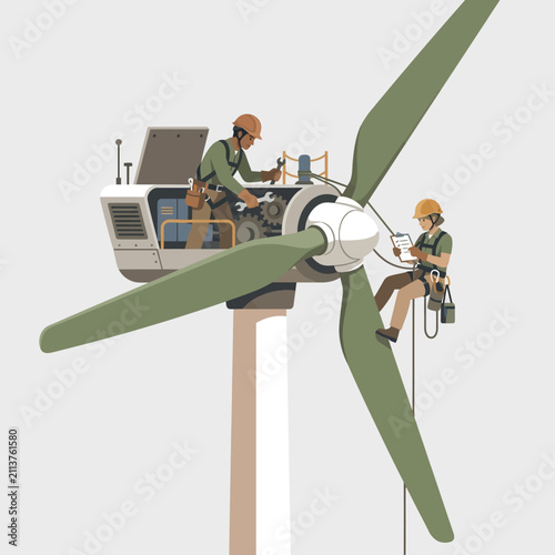 Konstfotografi Technicians perform routine maintenance on a large wind turbine generator to ensure optimal performance