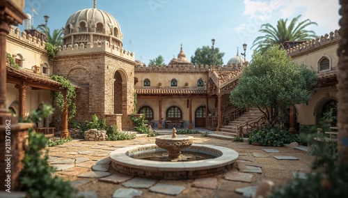 Old Courtyard With Fountain and Greenery in a Historical Setting