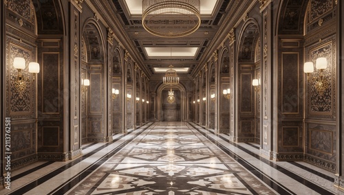 Elegant Hall With Tall Columns and Intricate Designs in a Grand Building