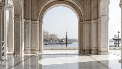 View Through a Large Archway Showing a River and City in the Distance