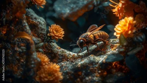 Bee on Flower in a Dark Garden During the Evening
