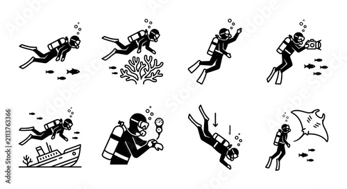 Foto Scuba divers appear in various underwater actions including swimming with fish, exploring coral reefs, observing a shipwreck, and interacting with a manta ray in this detailed aquatic icon collection