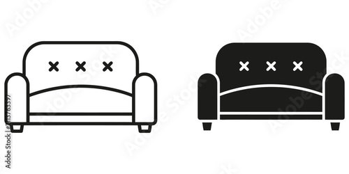фотографія Two simple sofa icons in outline and solid fill with tufted backrest on white ba