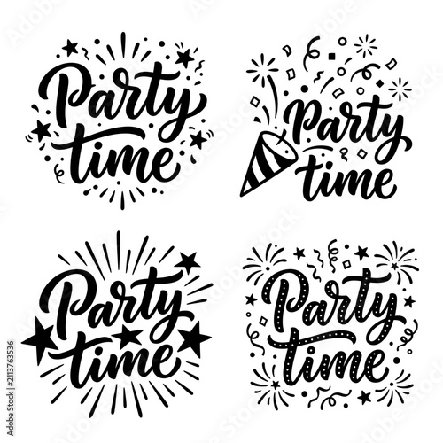 Bild auf Leinwand Party time text flourishes decorate four distinct circular frames containing star bursts, floating confetti, and celebratory streamers designed for festive event invitations and creative greeting
