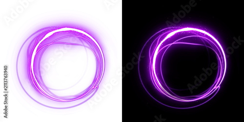 Transparent background with glowing purple neon circle and abstract swirling light effects. This modern vibrant graphic is perfect for futuristic and creative digital designs.
