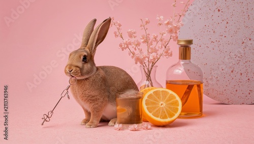 Rabbit With a Lemon and Flowers on a Pink Background During Spring