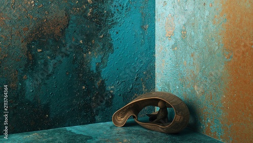 Art Piece Displayed in a Corner With Blue and Orange Textured Walls