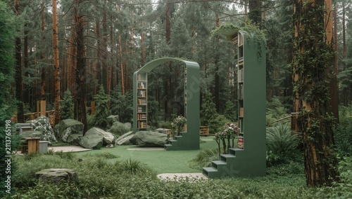Outdoor Library Space in a Forest Setting With Green Structures and Plants