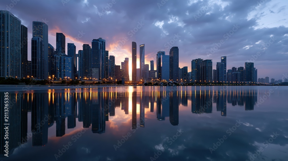 Obraz premium City skyline at sunset with reflection on water and dark clouds in the sky
