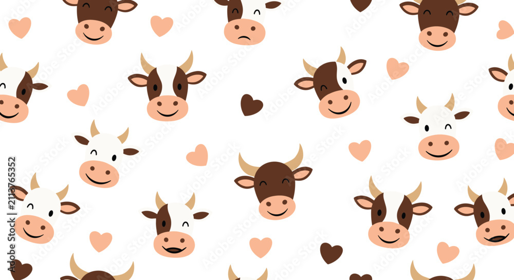 Fototapeta premium Seamless pattern featuring cute cartoon cow faces with various expressions and pink hearts for a playful and sweet design.