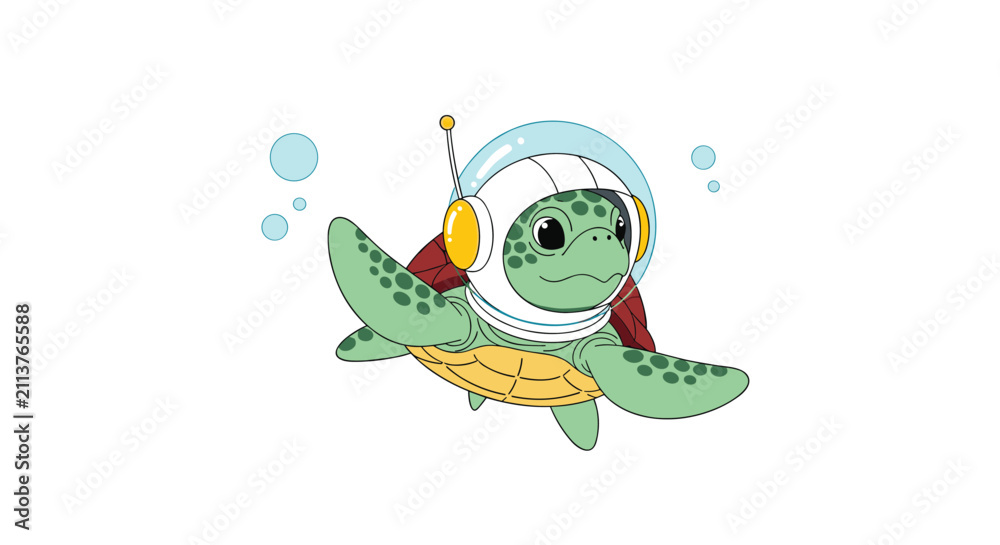 Obraz premium Cute green sea turtle wearing an astronaut helmet and floating through water with bubbles like in outer space.