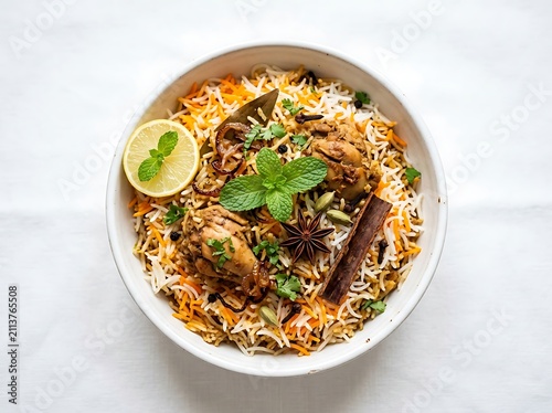 Authentic Indian chicken biryani with fragrant rice and fresh garnishes
