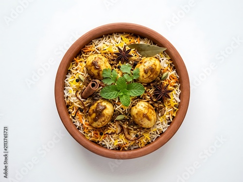 Delicious Indian egg biryani served in traditional clay pot
