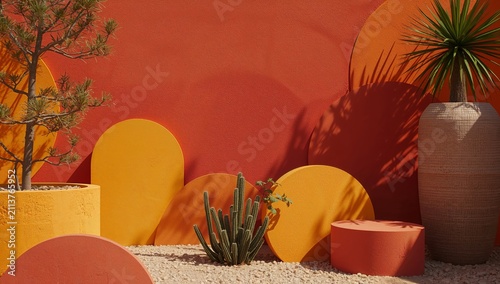 Red Walls and Arches Create Shapes in a Minimalist Space With Sand