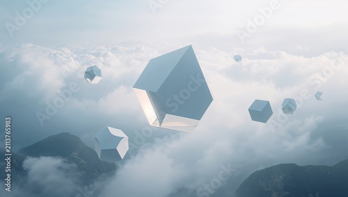Floating Geometric Shapes in a Cloudy Sky Over Distant Mountains