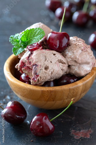 Homemade lactose-free chocolate cherry ice cream.