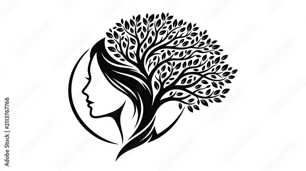 Fototapeta premium Elegant black and white profile silhouette of a woman featuring a detailed tree with leaves