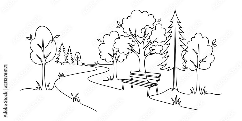Obraz premium Black and white line art drawing of a peaceful forest path