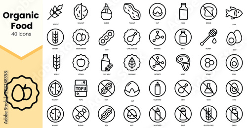 Canvas Print A collection of 40 line icons representing organic food items and dietary restrictions in a minimalistic style